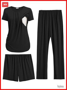 3 Piece Maternity Nursing Pajama Set with Adjustable Waistband